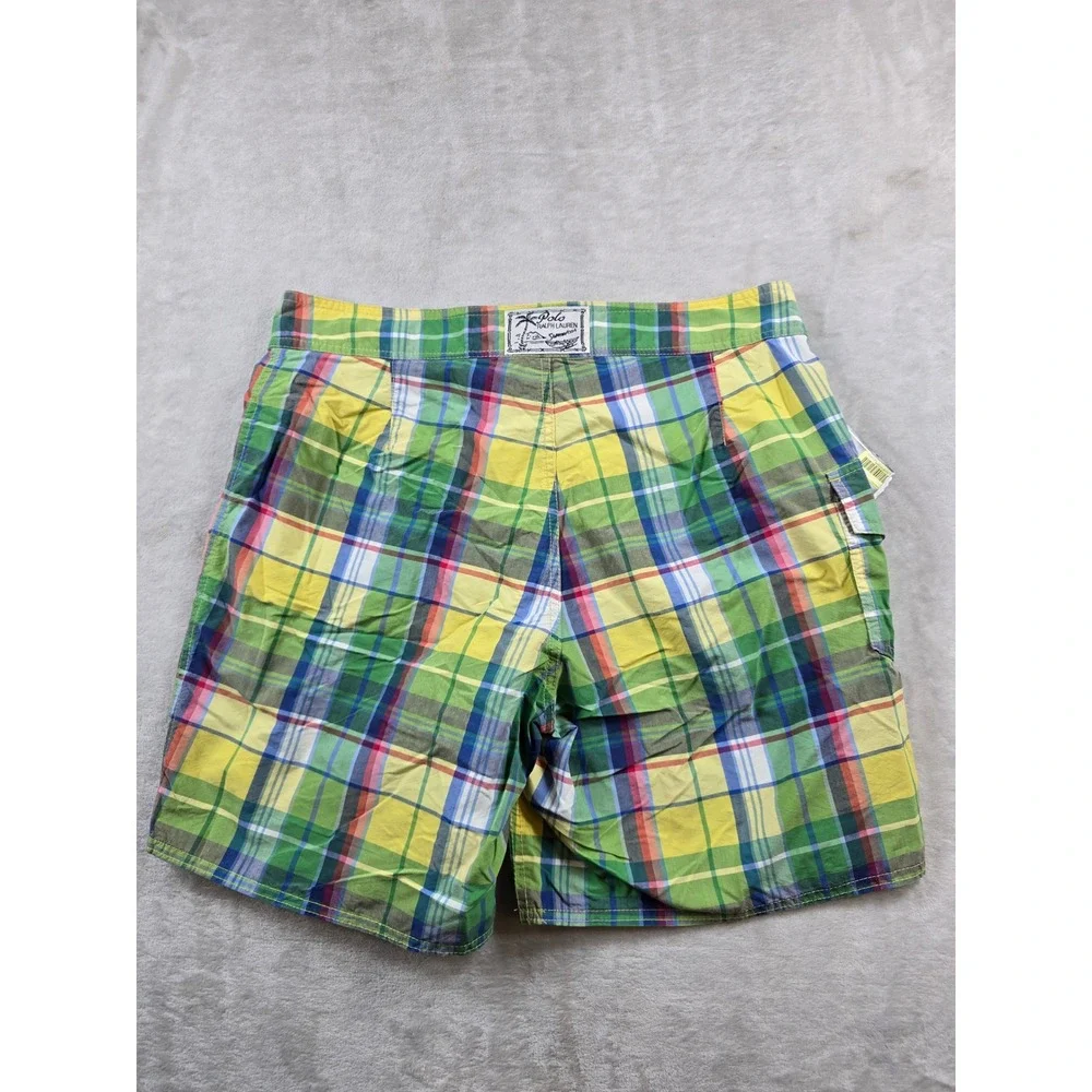 Polo‎ Ralph Lauren Madras Swim Trunks Mens 32 Green Yellow Plaid Cargo NEW